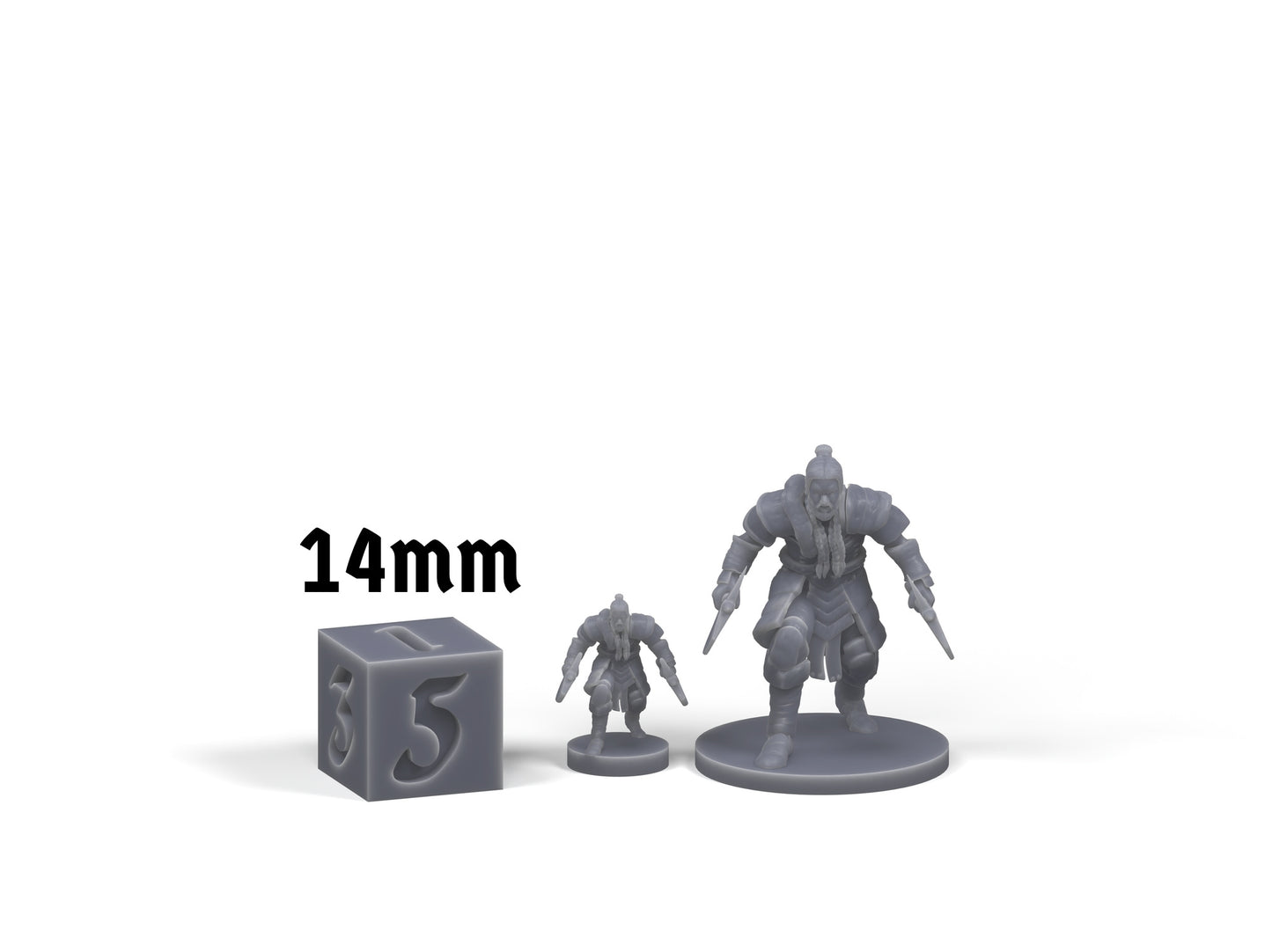 Human Barbarian twin-blade miniature beside a 14mm comparison die; 14mm refers to the die, not the miniature height.