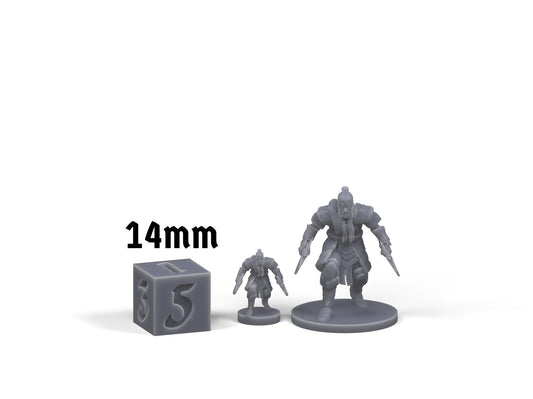 Human Barbarian twin-blade miniature beside a 14mm comparison die; 14mm refers to the die, not the miniature height.