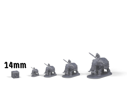 Elephant cavalry scale comparison with 14mm die, BGS, 15mm, 20mm, and 28mm sizes