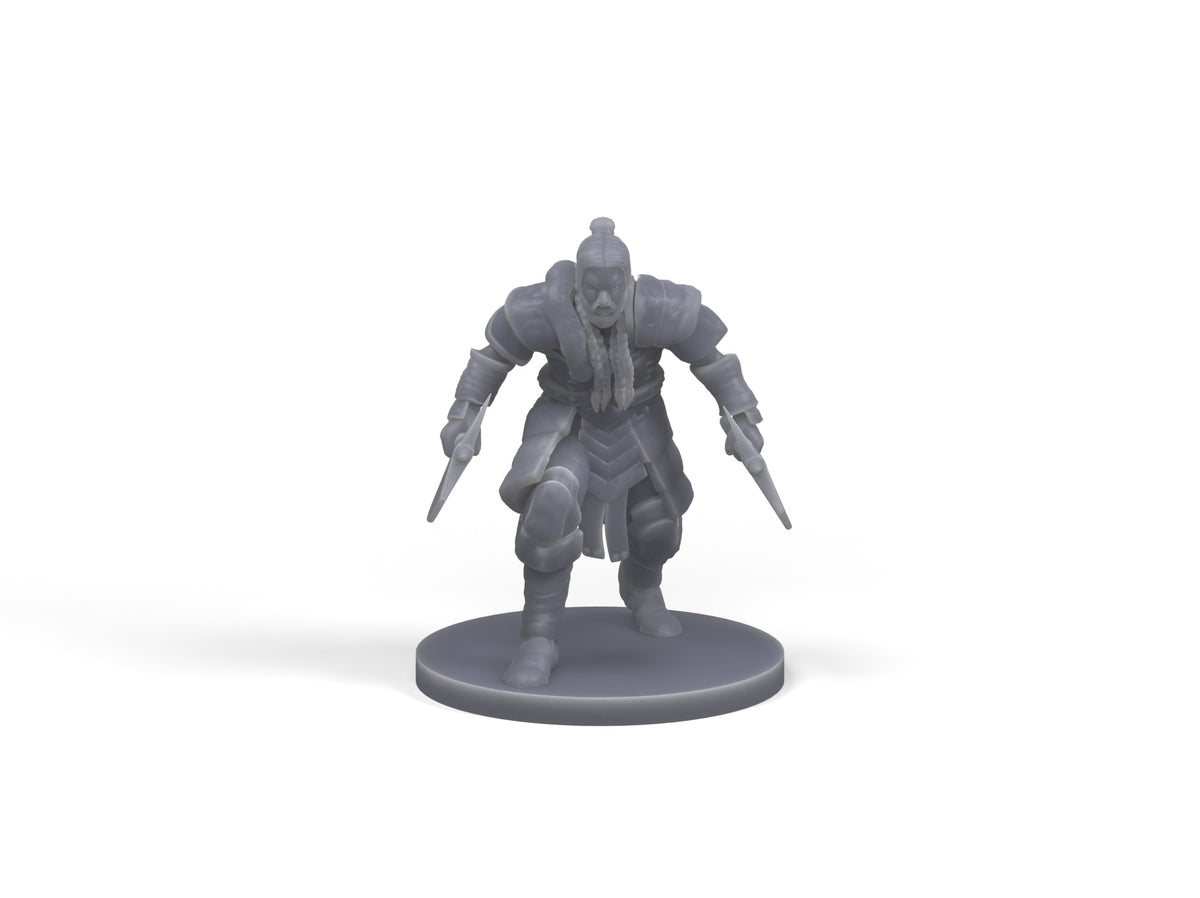 Human Barbarian twin-blade miniature on a white background.